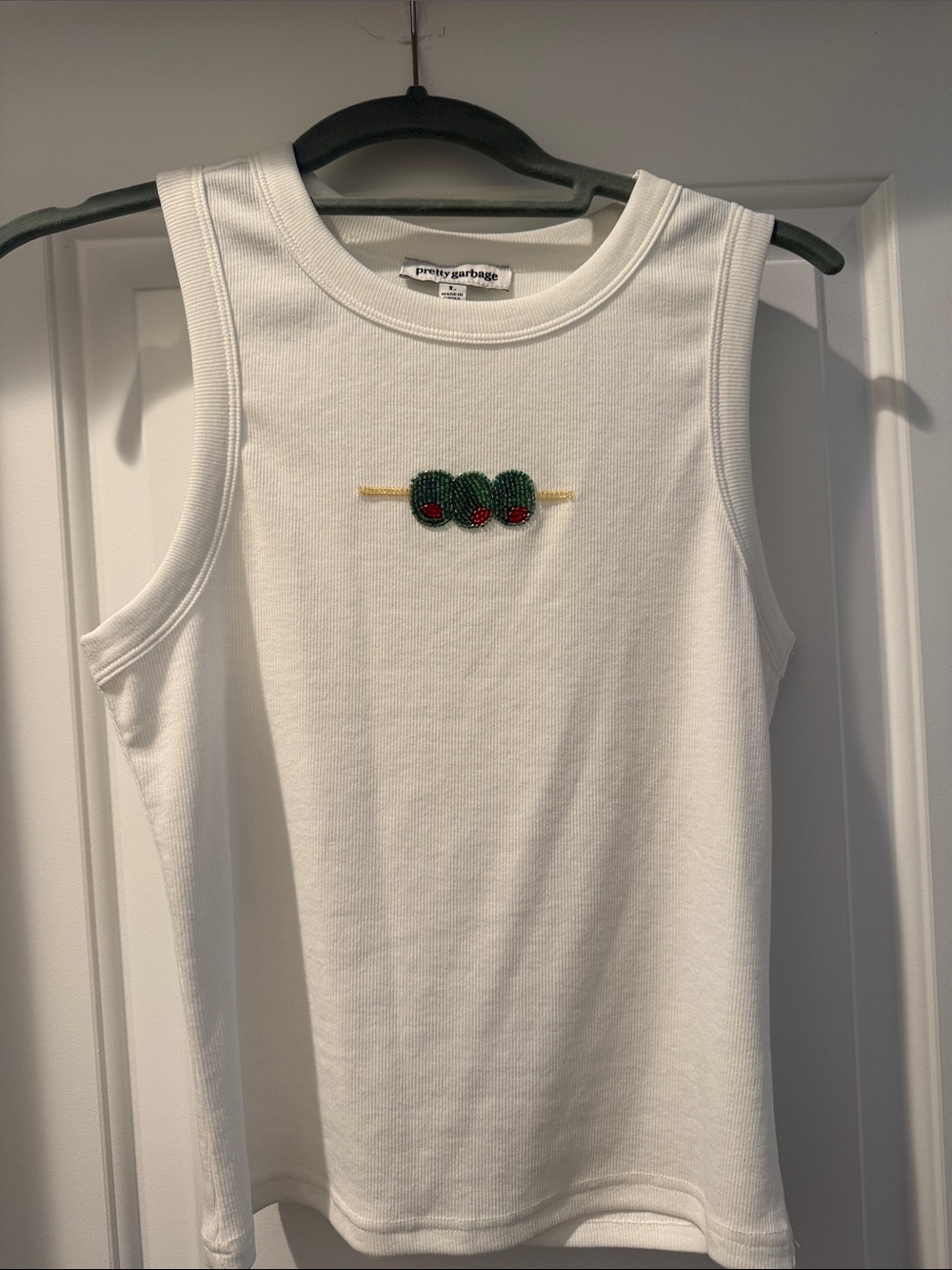 Pretty Garbages White Ribbed Tank with Beaded Olive Motif